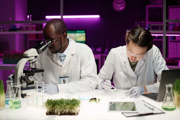 Black scientist working with microscope while his asian colleague examining plant sprout
