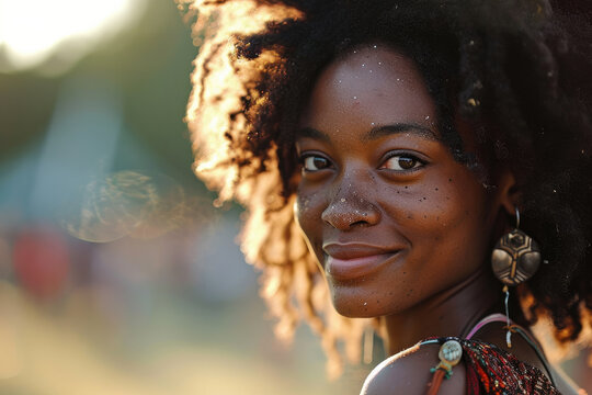 Portrait of an attractive happy African American female festival goer in her twenties attending a music festival