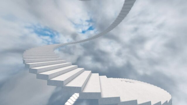 White staircase against the background of a beautiful sky. Staircase to the top. 3D video animation 4K