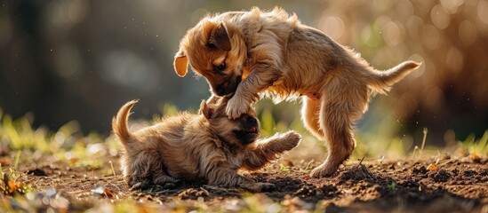 Puppies play fight, one on top, month old. - obrazy, fototapety, plakaty