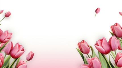  a bunch of pink tulips on a white and pink background with a place for a text or image.
