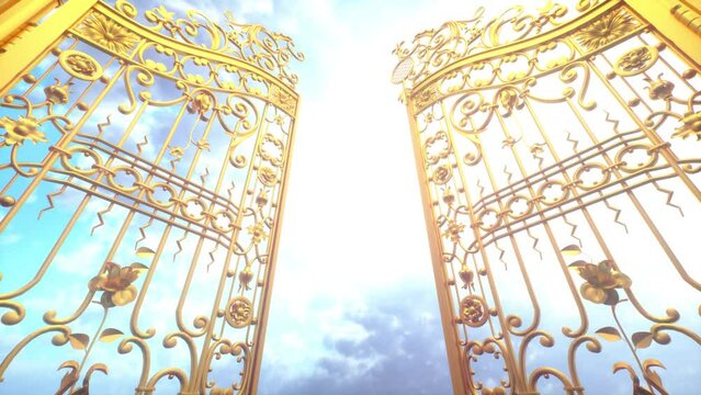 Golden Gate to Heaven. The gate closes against the backdrop of a colorful sky. Moving backwards. 3D video animation 4K