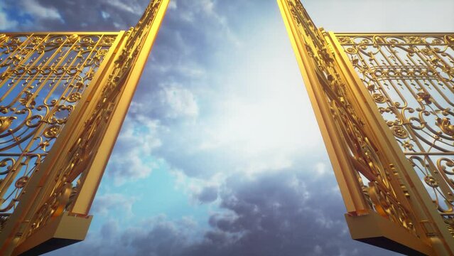 Golden gate to heaven. The gate opens against the background of a colorful sky. Forward movement. 3D Video Animation 4K