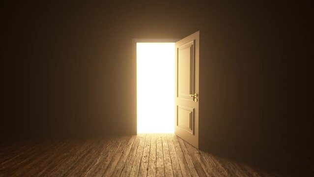 Brown wooden door to the universe. The door opens filling with bright warm light. Room with wooden textured floor. Dark to the Light. Entrance or exit, way out concept. 3D animation, 4K