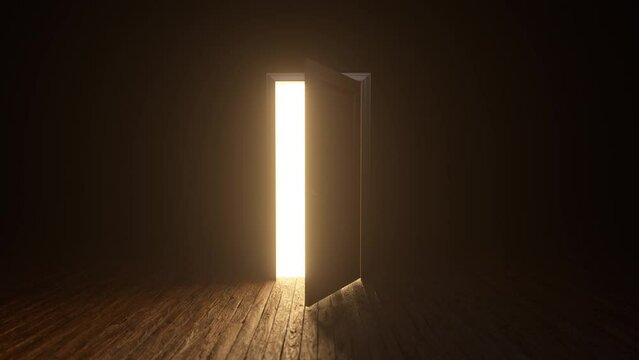 Brown wooden door to the universe. The door closes, filling with bright warm light. A room with a wooden textured floor. Moving backwards. Entrance or exit, exit concept. 3D animation, 4K