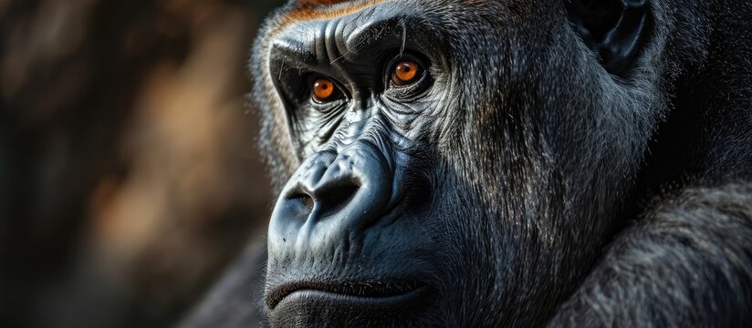 Intense gaze of a silverback gorilla. Space for copying.