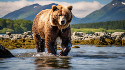 Brown bear walking through tidal pool