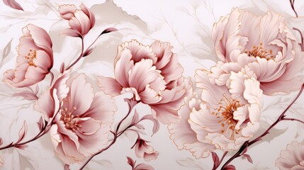  a painting of pink flowers and leaves on a white and pink wallpaper with a floral design on the back of the wall.