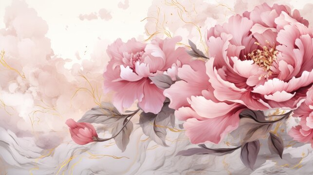  a painting of pink peonies on a white and pink background with a gold line work in the middle of the image.