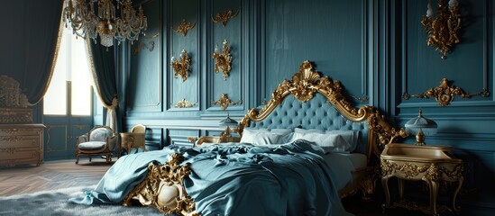 Elegant blue bedroom with antique gold embellishments.