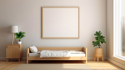 Obraz premium Mockup minimalist children's room with mock up poster frame close up on wall. 3d render interior background
