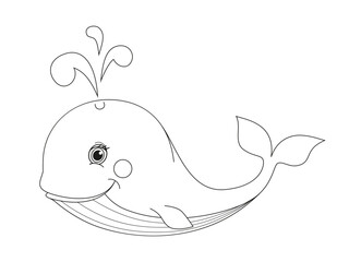 Whale Coloring Page Colored Illustration. Cartoon whale character for children, coloring and scrap book.