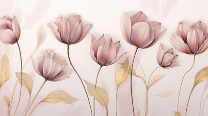  a group of pink flowers with gold leaves on a white background with a pastel pink wall in the background.