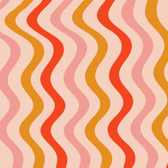 Groovy Wave Lines Pattern Background. Psychedelic Curved Vector Background in 1970s Hippie Retro Style for Print on Textile, Christmas Wrapping Paper, Web Design, and Social Media. Red And Gold Colors