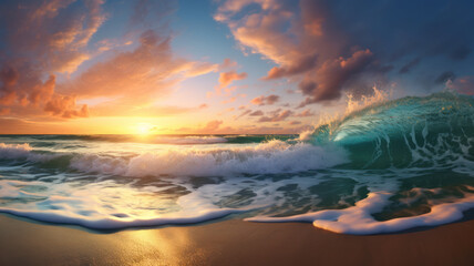 Fototapeta na wymiar Oceanic Sunrise Dive, Photorealistic Waves in Light Cyan