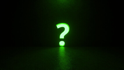 Green question mark symbol on black background. A hole in the wall in the form of a sign. Metaphor of question, answer, idea, problem and business solutions. Mysterious atmosphere. 3d rendering - obrazy, fototapety, plakaty