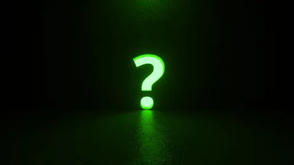 Foto op Plexiglas Green question mark symbol on black background. A hole in the wall in the form of a sign. Metaphor of question, answer, idea, problem and business solutions. Mysterious atmosphere. 3d rendering © MIKHAIL