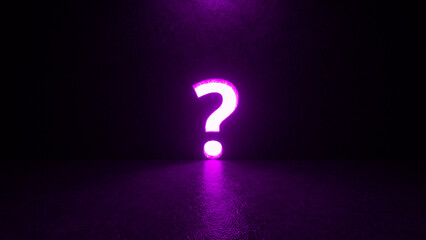 Purple question mark symbol on black background. A hole in the wall in the form of a sign. Metaphor of question, answer, idea, problem and business solutions. Mysterious atmosphere. 3d rendering