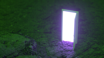 The door open against a fantastic backdrop of hills and mountains and sky. Concept of innovations, future and hope, beginning or a win. 3d render