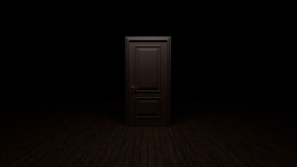 Brown wooden door to the universe. The door closed filling with bright warm light. Room with wooden textured floor. Dark to the Light. Entrance or exit, way out concept. 3D render