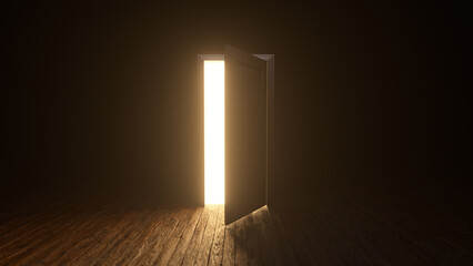Brown wooden door to the universe. The door open filling with bright warm light. Room with wooden textured floor. Dark to the Light. Entrance or exit, way out concept. 3D render