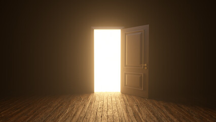 Brown wooden door to the universe. The door open filling with bright warm light. Room with wooden textured floor. Dark to the Light. Entrance or exit, way out concept. 3D render - obrazy, fototapety, plakaty