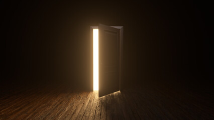 Brown wooden door to the universe. The door open filling with bright warm light. Room with wooden textured floor. Dark to the Light. Entrance or exit, way out concept. 3D render