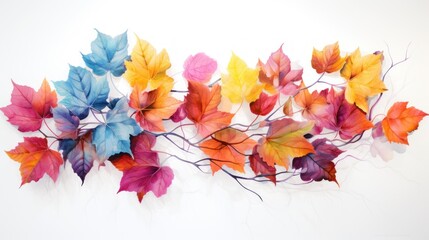  a group of multicolored leaves on a white background with a white wall in the background and a white wall in the foreground.