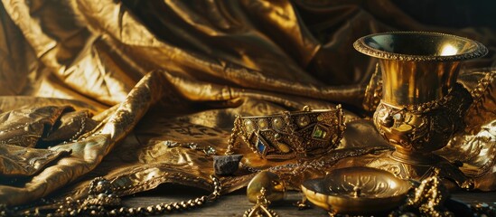 Golden cloth used as a podium for jewelry.