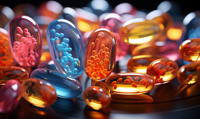 3d illustration of colorful pills and capsules on black background with copy space. - obrazy, fototapety, plakaty