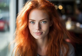 Fototapeta premium Portrait of a confident attractive young woman with long red hair looking at the camera