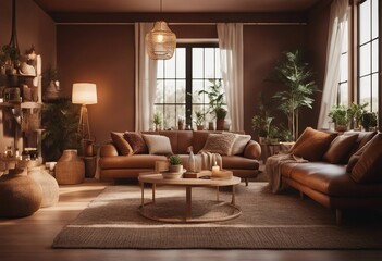 Fototapeta premium Boho style home interior living room in brown warm color 3d render