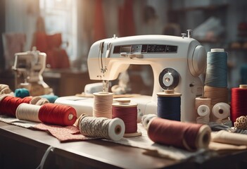 Bright atelier studio closeup with various sewing items fabrics and mannequin on table