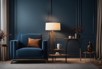Contemporary chair with lamp and coffee table in living room interior dark blue wall mock up background - obrazy, fototapety, plakaty