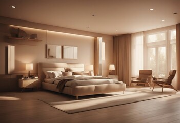 Fototapeta na wymiar Contemporary nomadic bedroom interior background in warm beige tones