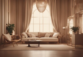 Contemporary nomadic home interior background in warm beige tones Big window with elegant curtains