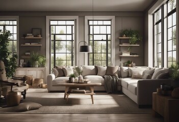 Cozy farmhouse living room interior with big windows 3d render
