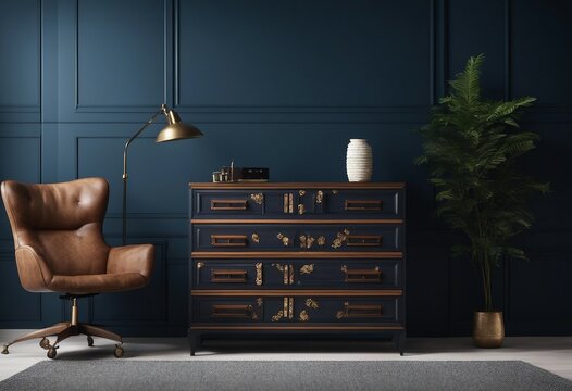 Chest of drawers brown chair and a tall plant in living room interior dark blue wall mock up background 