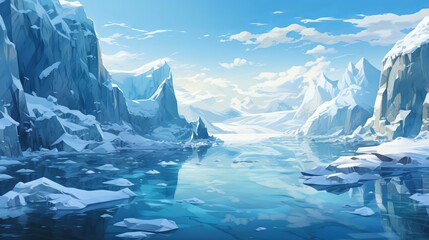 Global warming and climate change concept. Winter landscape with melting glaciers and icebergs.
