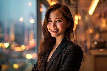 Portrait of a female CEO smiling at her office. - obrazy, fototapety, plakaty