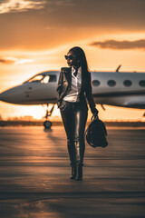 Top executive boarding her private jet at the airport - obrazy, fototapety, plakaty