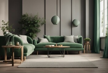 Home interior mock-up with green sofa table grey walls and decor in living room 3d render