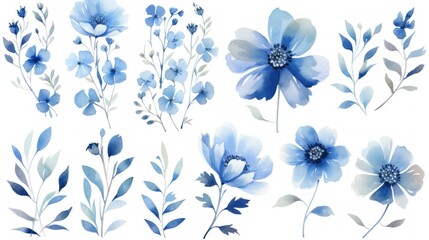 Fototapeta na wymiar a set of blue flowers and leaves painted in watercolor on a white background with a place for your text.