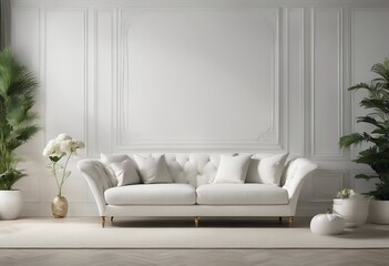Living room interior with white sofa and plants on both sides of the white wall mock up background