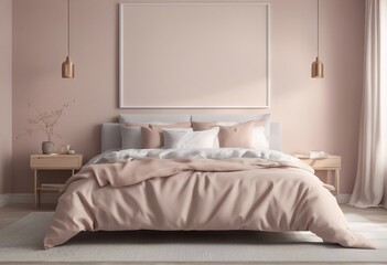 Fototapeta na wymiar Mockup artwork frame in light pastel colors bedroom