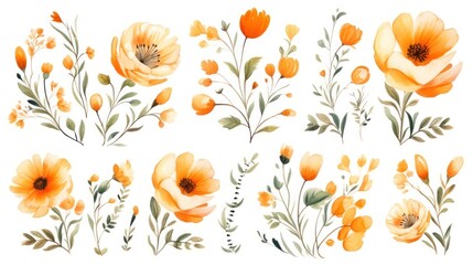  a set of watercolor flowers on a white background with green leaves and orange flowers on a white background with green leaves and orange flowers.