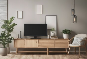 Modern farmhouse living room interior Flat TV on a wooden chest of drawers Several various size artwork templates on the wall