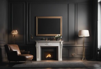 Mock up poster frame in mystic luxurious dark interior background with fireplace