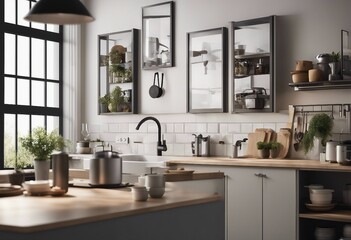 Fototapeta premium Kitchen interior panoramic background 3d render