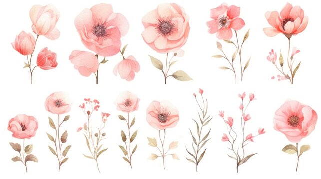  a set of flowers painted in watercolor on a white background, including pink flowers, green leaves, and red berries.